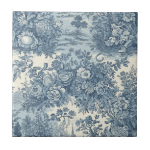 Vintage floral lake Blue toile de jouy monogram Tile