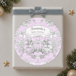 Vintage floral lake pink toile de jouy monogram classic round sticker