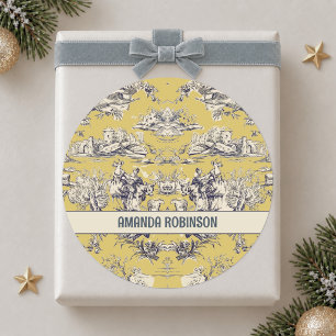 Vintage floral lake yellow toile de jouy monogram classic round sticker