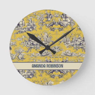Vintage floral lake yellow toile de jouy monogram round clock