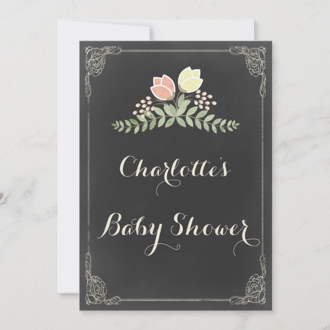 Vintage Floral Laurels Chalkboard Baby Shower Invitation (Front)