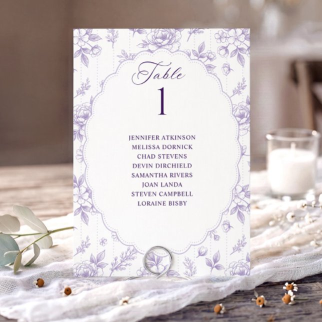 Vintage Floral Lavender Wedding Seating Chart (Lavender light purple French floral seating chart card with oval scalloped frame.)