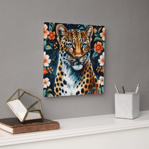 Vintage floral leopard square wall clock