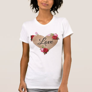 Vintage Floral Light brown Heart with Roses T-Shirt