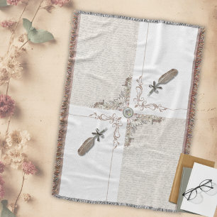 Vintage Floral Literary Manuscript Woven Fringe Throw Blanket