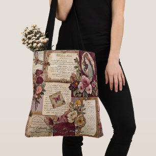 Vintage Floral Love Letter Romantic Burgundy Tote Bag