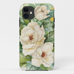 Vintage Floral Magnolia White Add Name Watercolor iPhone 11 Case