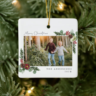 Vintage Floral Merry Christmas Photo Ceramic Ornament