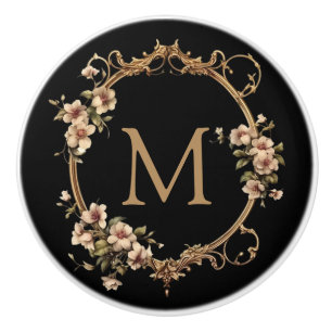 Vintage Floral Monogram Black Ceramic Knob