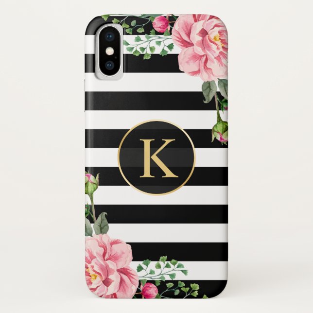 Vintage Floral Monogram Black White Striped Case-Mate iPhone Case (Back)