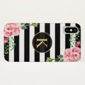 Vintage Floral Monogram Black White Striped Case-Mate iPhone Case (Back (Horizontal))