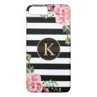 Vintage Floral Monogram Black White Striped