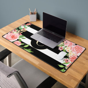 Vintage Floral Monogram Black White Striped Custom Desk Mat