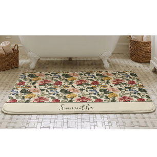 Vintage Floral Monogram Name Bath Mat