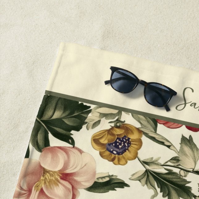 Vintage Floral Monogram Name Beach Towel (In Situ)
