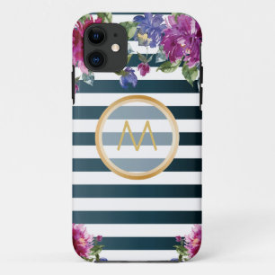 Vintage Floral Monogram Striped Blue White iPhone 11 Case
