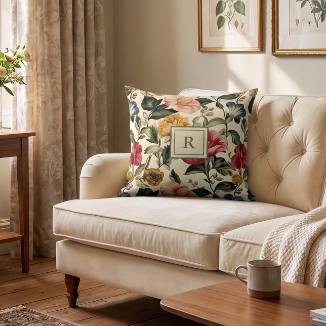 Vintage Floral Monogram Throw Pillow (Creator Uploaded)
