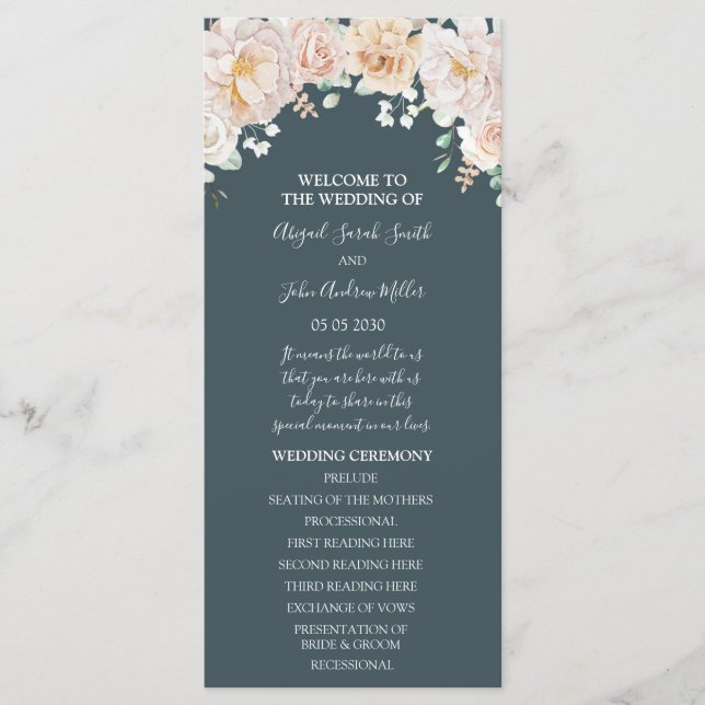 Vintage Floral Navy Blue Wedding Program (Front)