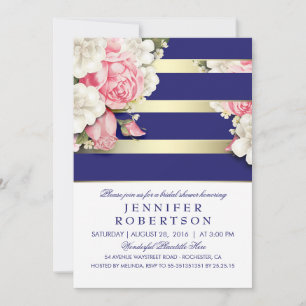 Vintage Floral Navy Gold Stripes Bridal Shower Invitation