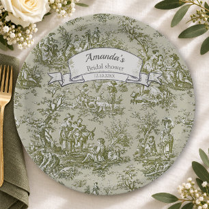 Vintage floral olive green toile de jouy shower  paper plate
