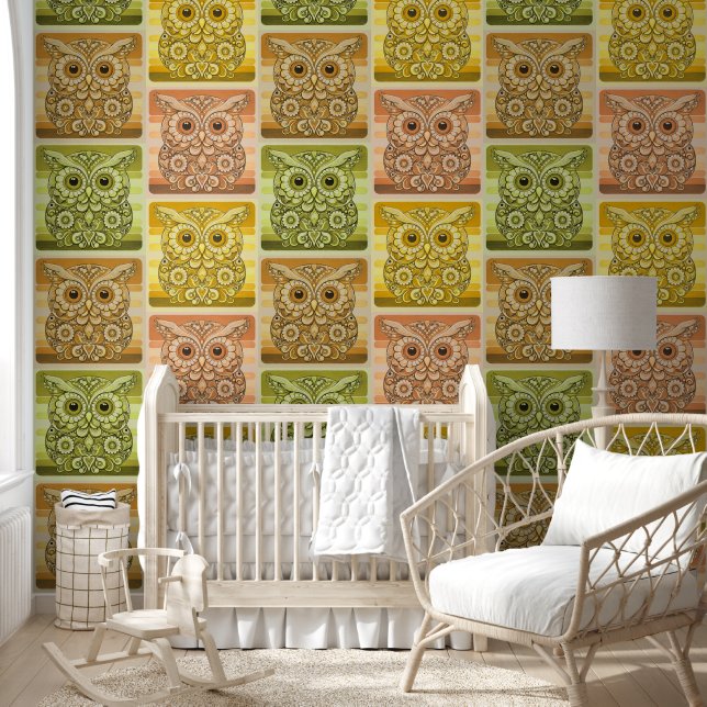 Vintage Floral Owl Patchwork Pattern Wallpaper (Kids)