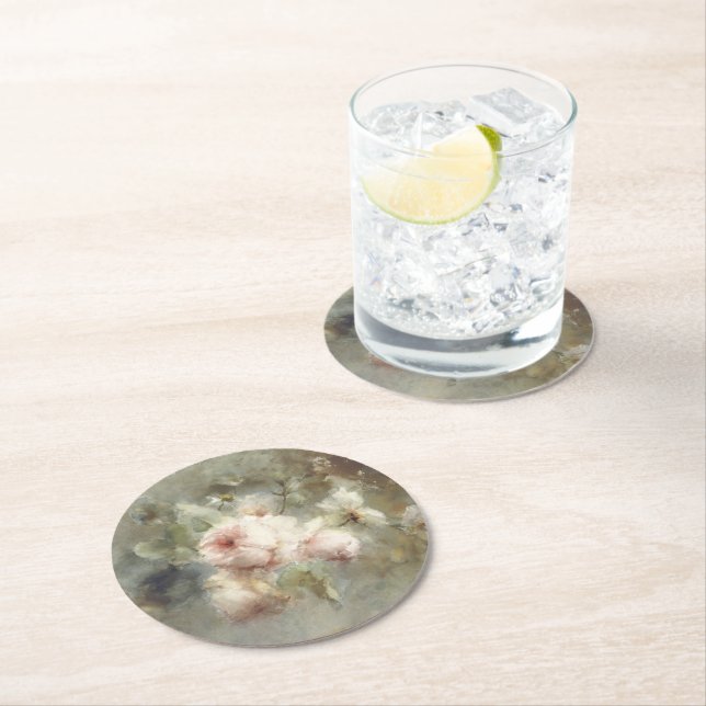 Vintage Floral Painting  Round Paper Coaster (Insitu)