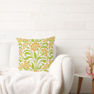 Vintage Floral Paisley Pattern Orange Green Bota Throw Pillow