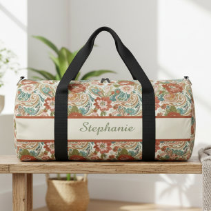 Vintage Floral Paisley Terracotta Boho Aesthetic Duffle Bag