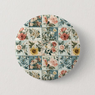 Vintage Floral Patchwork Style Design 2 Inch Round Button