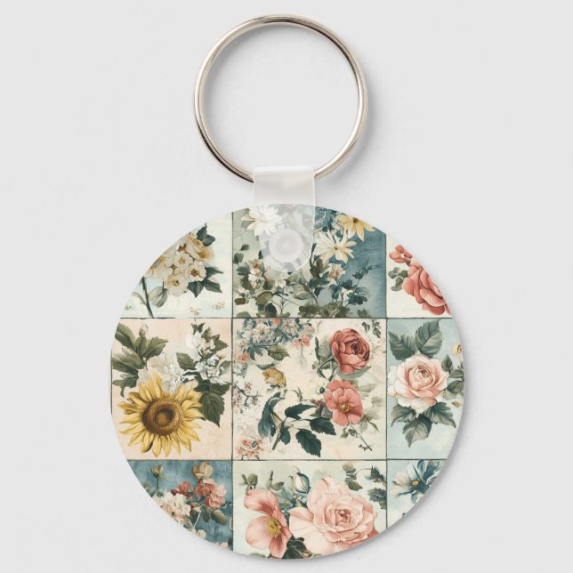 Vintage Floral Patchwork Style Design Keychain (Front)