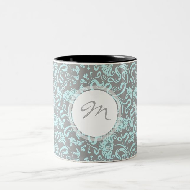 Vintage Floral Pattern Blue Grey Monogram Mug (Center)