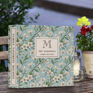 Vintage Floral Pattern Blue Linen Monogram Recipe Binder