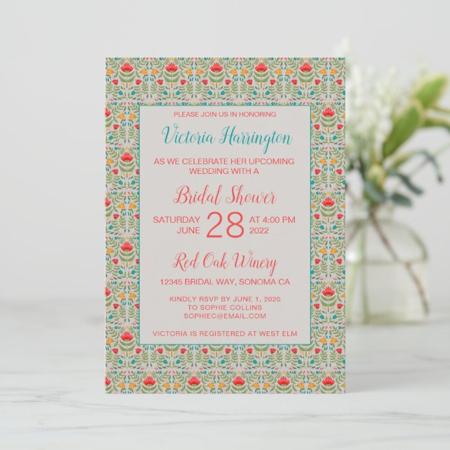 Vintage Floral Pattern Bridal Shower Invitation (Standing Front)