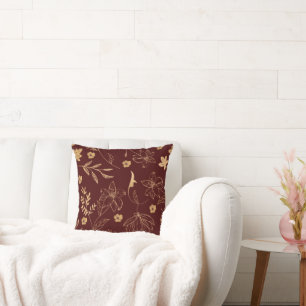 Vintage Floral Pattern - Elegant Burgundy & Gold Throw Pillow