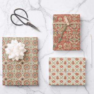 Vintage Floral Pattern in Warm Red, Coral Wrapping Paper Sheet