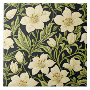 Vintage Floral Pattern, Ivory White and Green, Tile