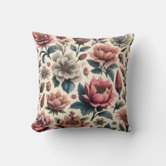 Vintage Floral Pattern of Botanical Engraving Throw Pillow