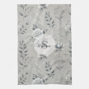 Vintage Floral Pattern on Rustic Grey Background Kitchen Towel