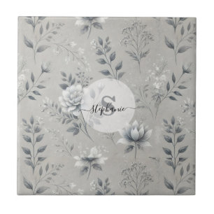Vintage Floral Pattern on Rustic Grey Background Tile