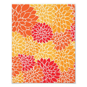 Vintage Floral Pattern Orange Red Dahlias Flowers Photo Print