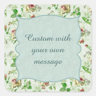 Vintage Floral Pattern Pink Roses Custom Message Square Sticker