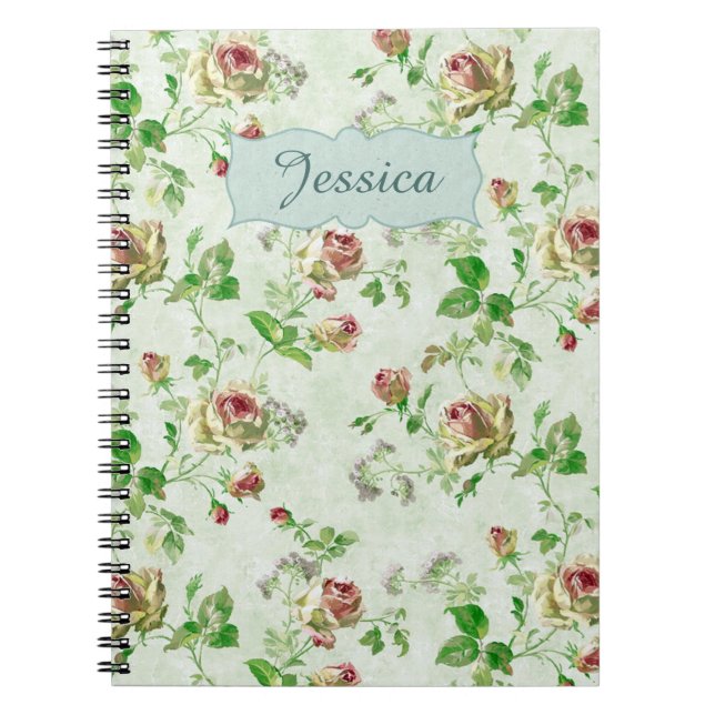 Vintage Floral Pattern Pink Roses Personalised Notebook (Front)