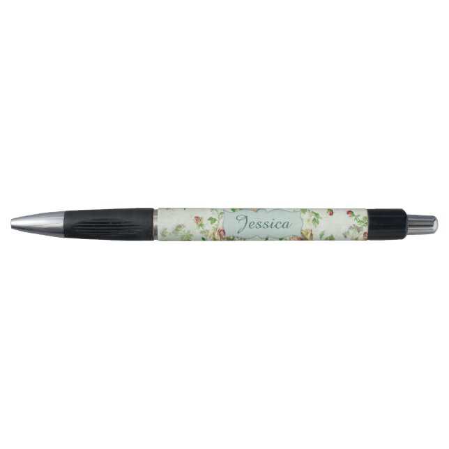 Vintage Floral Pattern Pink Roses Personalised Pen (Front)