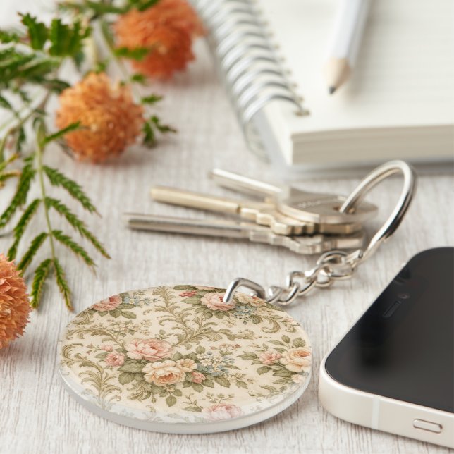 Vintage Floral Pattern Wallpaper  Keychain (Front Right)