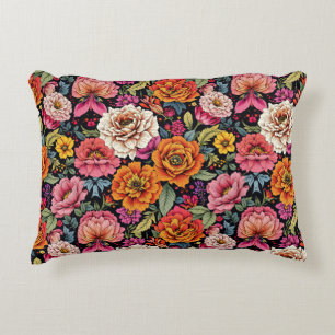 Vintage floral pattern with bold colours on black accent pillow