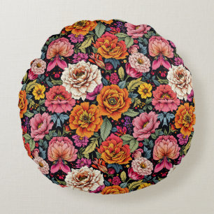 Vintage floral pattern with bold colours on black round pillow