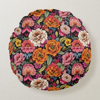 Vintage floral pattern with bold colours on black round pillow