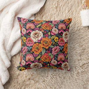 Vintage floral pattern with bold colours on black throw pillow