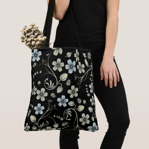 Vintage Floral Pattern with Ladybugs on Black Tote Bag