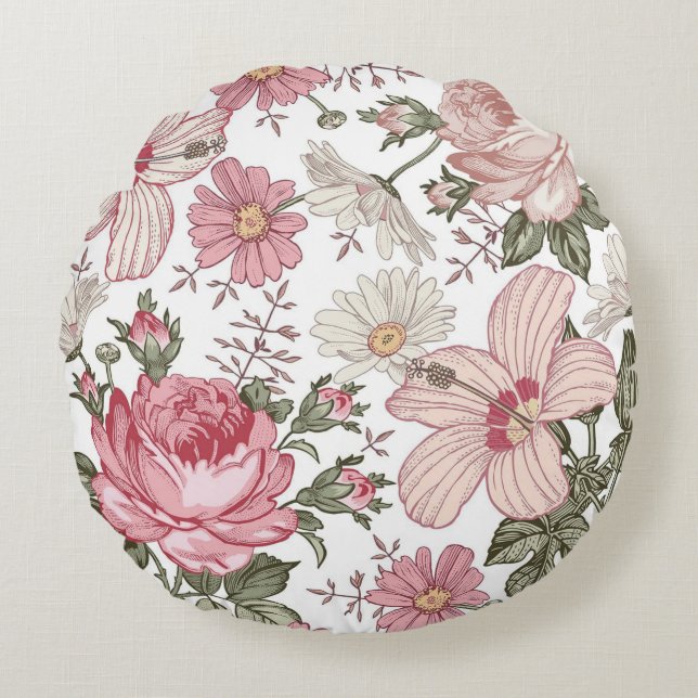 Vintage Floral Pattern with Roses Round Pillow (Front)